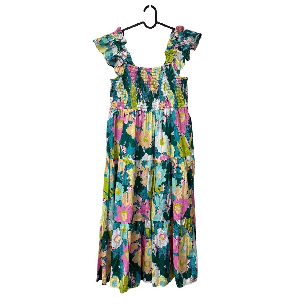 Crosby by Mollie Burch Floral Smocked Square Neck Midi Dress Womens Size Large